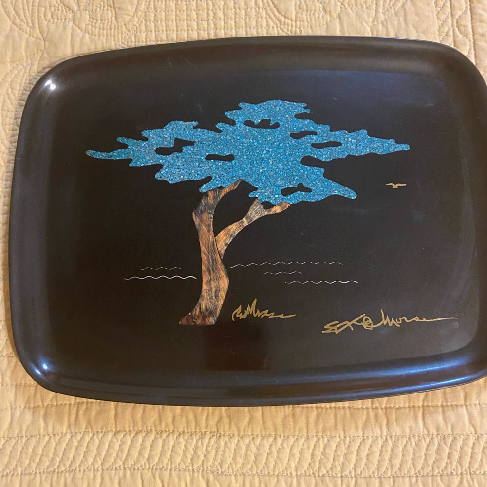 COUROC of MONTEREY Ca. Signed Morse CYPRESS Tree INLAID WOOD Tray 8.5”x12”